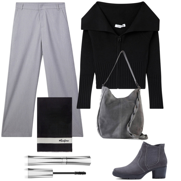 Outfit donna - Total look #1987965. Stile Casual chic per Ufficio. Abbinamento con stivaletti, borse a mano, mascara, cardigans, pantaloni, sciarpe.