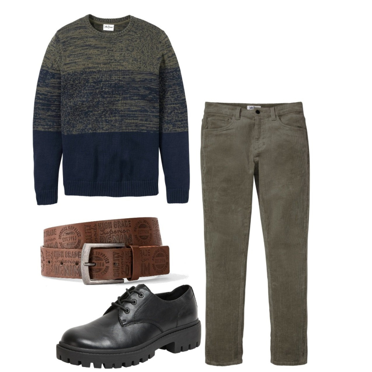 Outfit uomo - Muschio e blu. Stile Casual per Tutti i giorni. Abbinamento con pantaloni, maglieria, cinture, scarpe stringate.