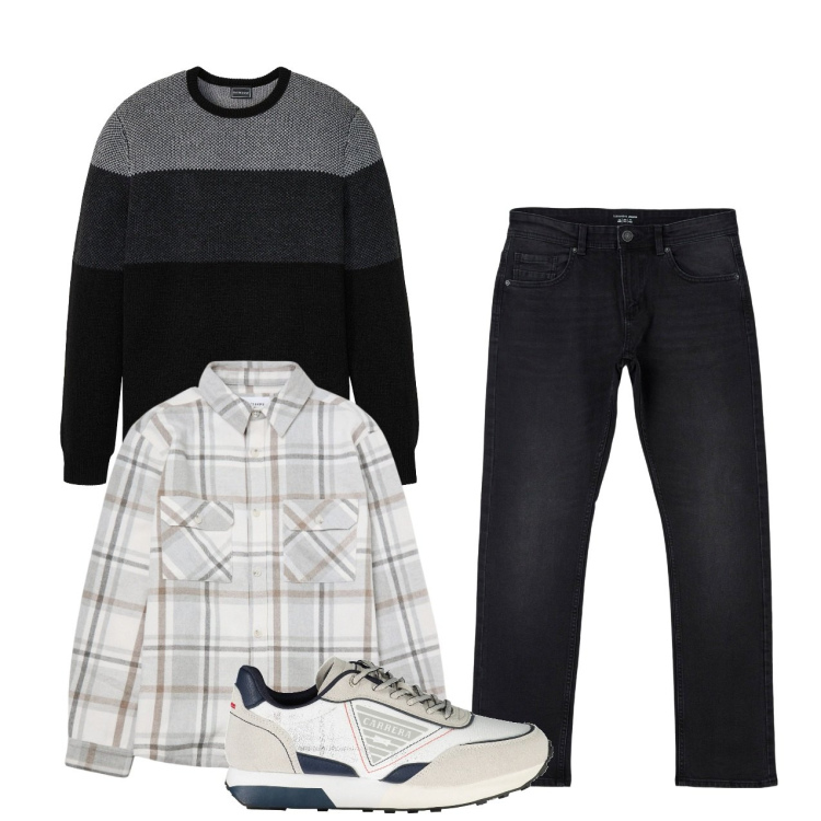 Outfit uomo - Fine ottobre. Stile Casual per Tutti i giorni. Abbinamento con maglieria, jeans dritti, cappotti, sneakers.