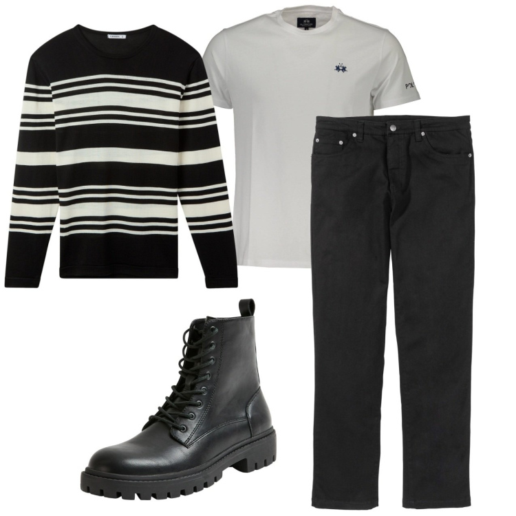 Outfit uomo - Bianco e nero. Stile Casual per Tutti i giorni. Abbinamento con pantaloni, anfibi, maglieria, t-shirt.