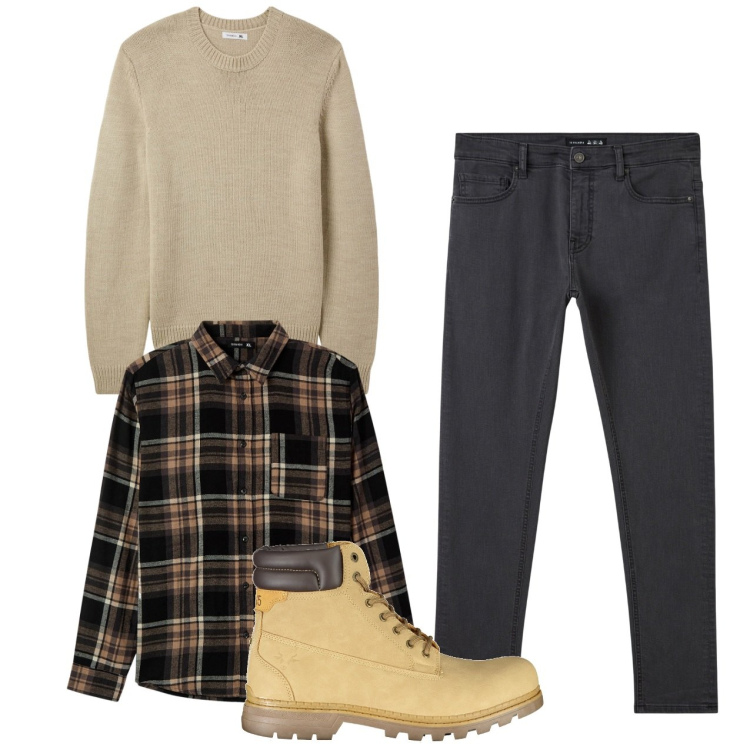 Outfit uomo - Fine settimana a novembre. Stile Casual per Tutti i giorni. Abbinamento con camicie, maglieria, pantaloni skinny, stivali.