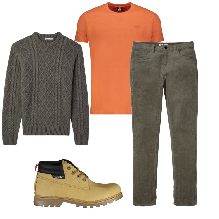 Outfit uomo - Arancio allo scollo. Stile Casual per Tutti i giorni. Abbinamento con pantaloni, maglieria, t-shirt, stivali.