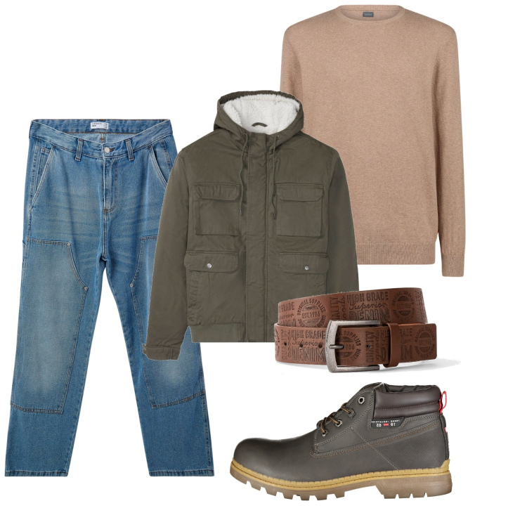 Outfit uomo - Fine ottobre in Danimarca. Stile Casual per Tutti i giorni. Abbinamento con cinture, piumini, jeans, maglieria, stivali.
