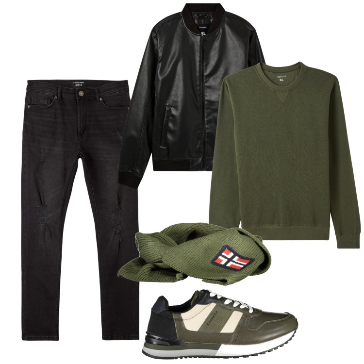Outfit uomo - Verde caldo per il pub. Stile Casual per Serata speciale. Abbinamento con bomber, jeans strappati, felpe, sneakers, sciarpe.