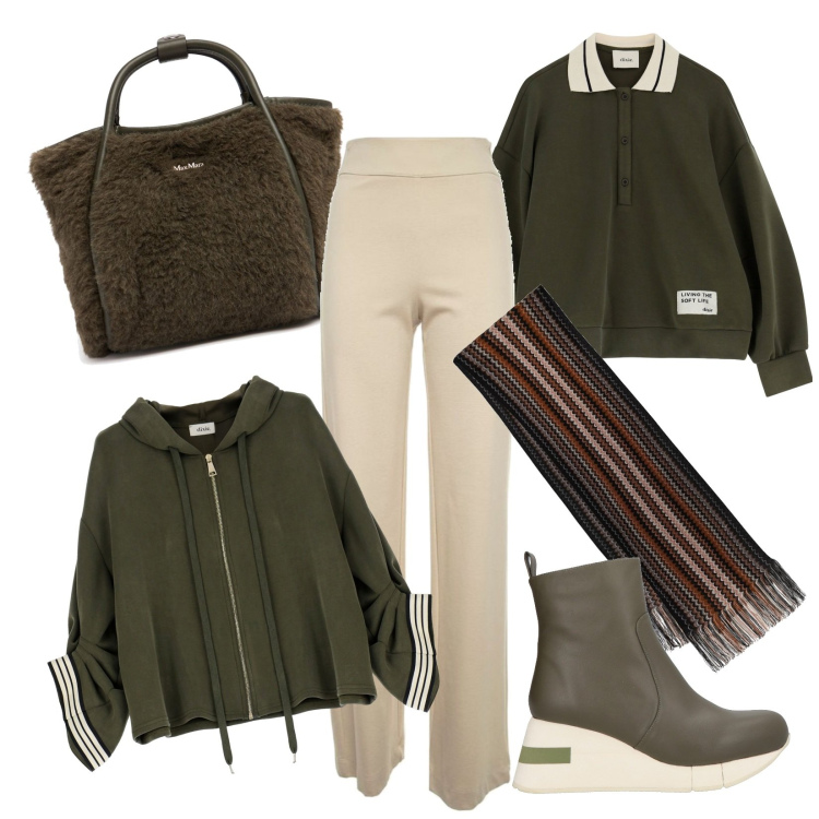 Outfit donna - Sportiva. Stile Casual per Tutti i giorni. Abbinamento con stivaletti, felpe con cappuccio, felpe, pantaloni, sciarpe, borse a mano.