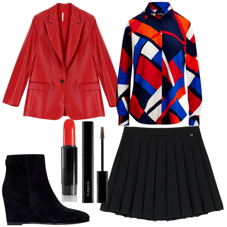 Outfit donna - 31 ottobre. Stile Trendy per Serata fuori. Abbinamento con rossetti, mascara, blazer, minigonne, stivaletti, camicie.