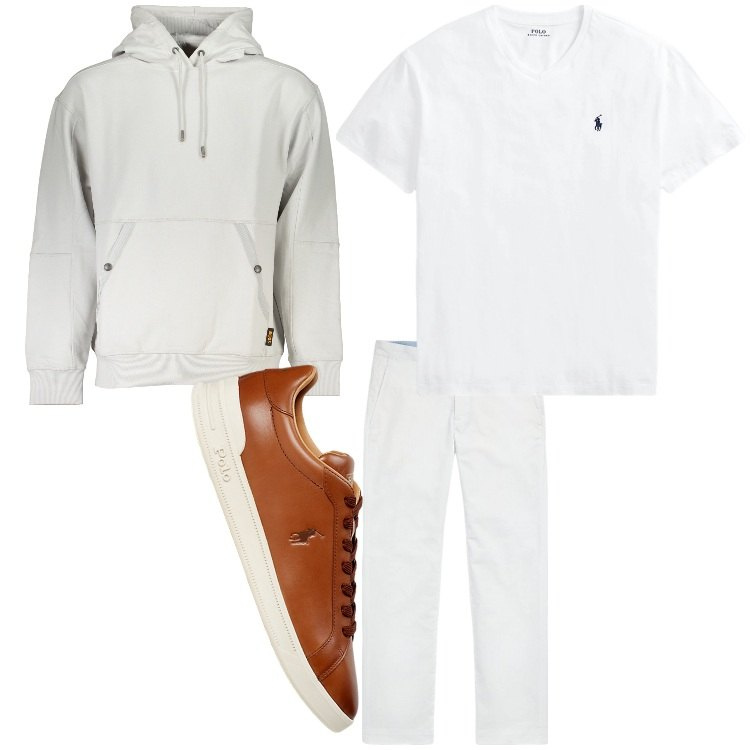 Outfit uomo - Bianco. Stile Casual per Tutti i giorni. Abbinamento con pantaloni, sneakers, t-shirt, felpe con cappuccio.