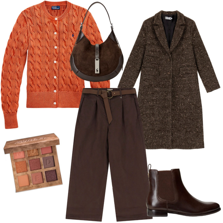 Outfit donna - Il cardigan arancione. Stile Casual per Tutti i giorni. look ideale per Tall. Abbinamento con ombretti, cappotti, borse a spalla, stivaletti chelsea, cardigans, pantaloni chino.
