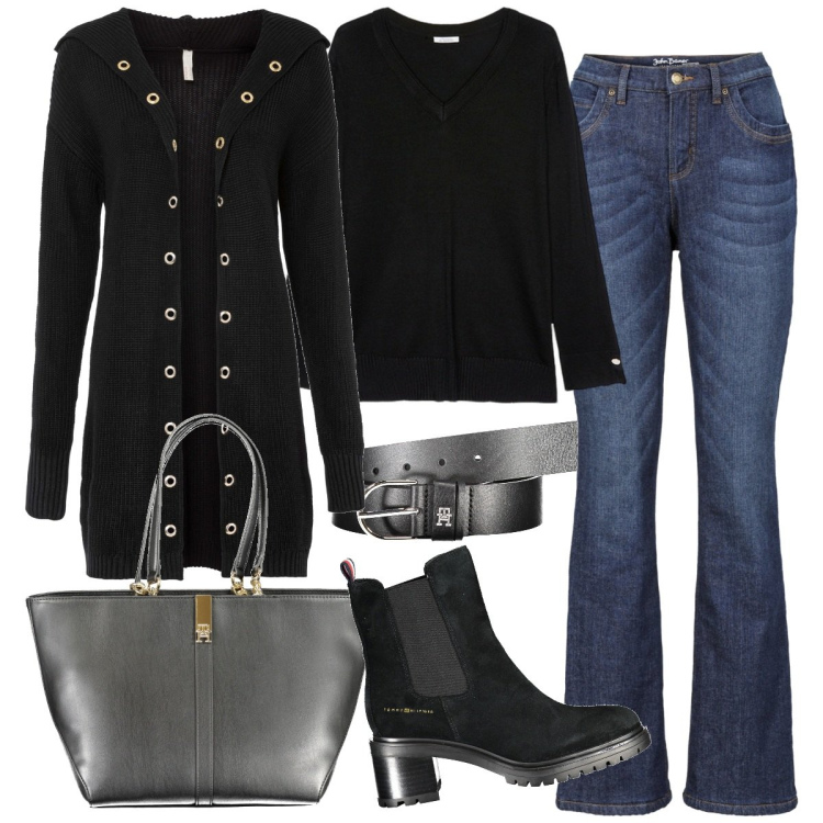 Outfit donna - Il cardigan in ufficio. Stile Casual chic per Ufficio. Abbinamento con cardigans, jeans bootcut, maglieria, stivaletti, cinture, borse a spalla.
