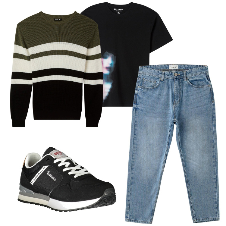 Outfit uomo - In giro. Stile Casual per Tutti i giorni. Abbinamento con t-shirt, jeans, maglieria, sneakers.