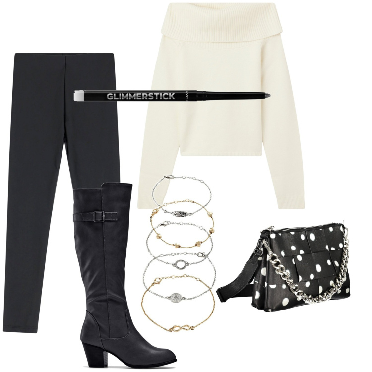 Outfit donna - In similpelle. Stile Rock per Serata fuori. Abbinamento con stivali, braccialetti con ciondoli, eyeliner, maglieria, pantaloni skinny, borse a spalla.
