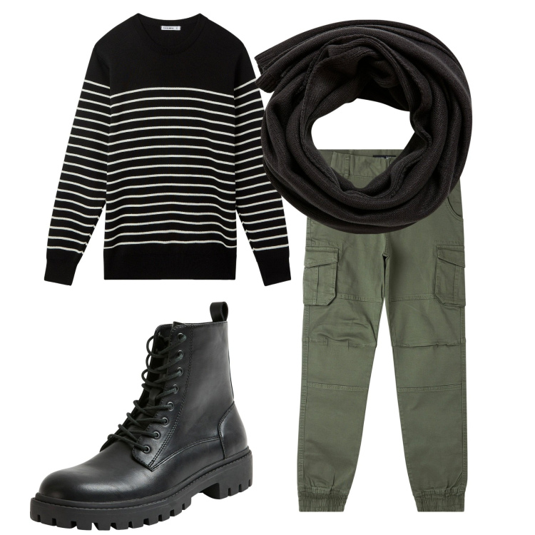 Outfit uomo - In giro. Stile Casual per Tutti i giorni. Abbinamento con sciarpe, pantaloni cargo, anfibi, maglieria.