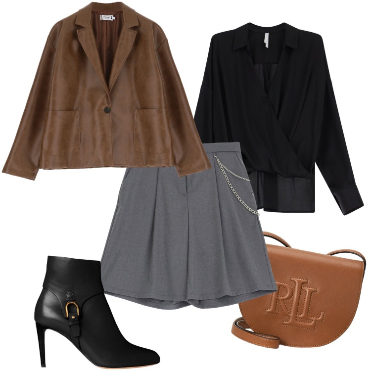 Outfit donna - Con gli shorts. Stile Trendy per Serata fuori. Abbinamento con shorts, blazer, camicie, borse a tracolla, stivaletti.