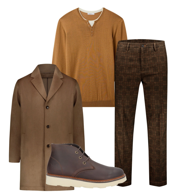 Outfit uomo - Autunno marrone. Stile Casual per Tutti i giorni. Abbinamento con stivali e stivaletti, maglieria, pantaloni, cappotti.
