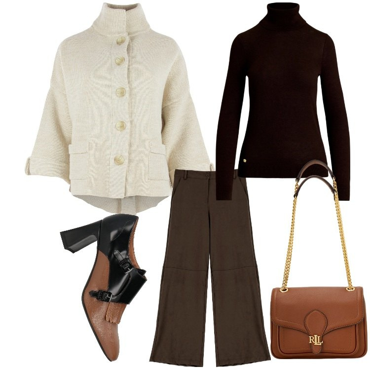 Outfit donna - Serata in marrone. Stile Casual chic per Serata fuori. Abbinamento con mocassini, pantaloni a palazzo, maglieria, borse a spalla, blazer.