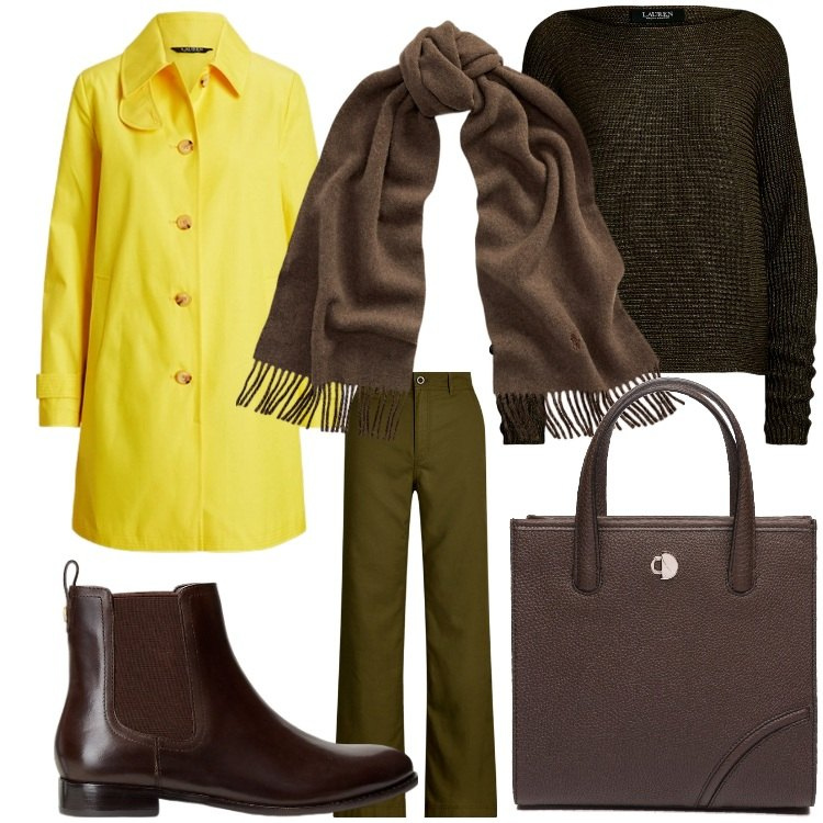 Outfit donna - E se poi piove?. Stile Casual chic per Ufficio. Abbinamento con sciarpe, maglieria, trench, pantaloni, stivaletti chelsea, shopping bag.