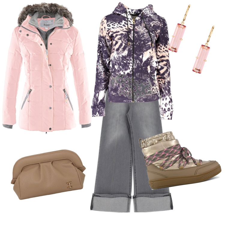 Outfit donna - Col piumino rosa. Stile Casual chic per Tutti i giorni. Abbinamento con piumini, borse a mano, jeans, orecchini, stivaletti, felpe con cappuccio.