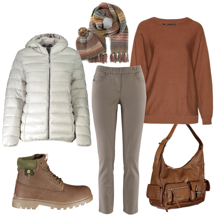 Outfit donna - Fine settimana in montagna. Stile Basic per Tutti i giorni. Abbinamento con pantaloni, maglieria, sciarpe, blazer, stivali, borse a spalla.