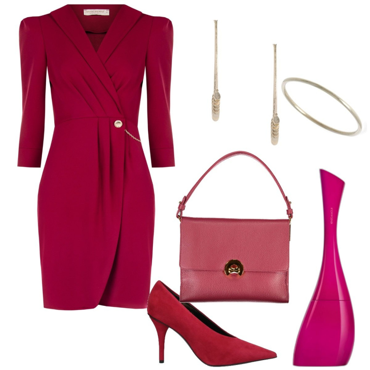 Outfit donna - Lady in red. Stile Chic per Cerimonia. Abbinamento con décolleté, profumi, vestiti, orecchini, borse a spalla, anelli.
