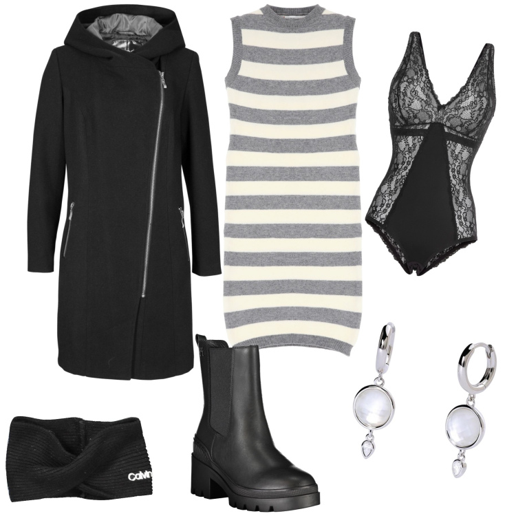 Outfit donna - Total look. Stile Trendy per Tutti i giorni. Abbinamento con blazer, body, orecchini, vestiti, stivali, fasce per capelli.