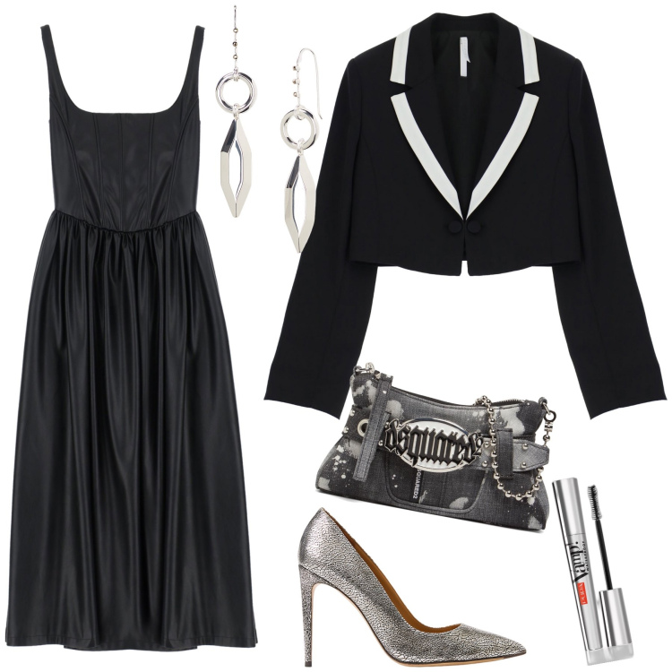 Outfit donna - Teatro. Stile Chic per Serata fuori. Abbinamento con mascara, vestiti, blazer, décolleté, orecchini, pochette.
