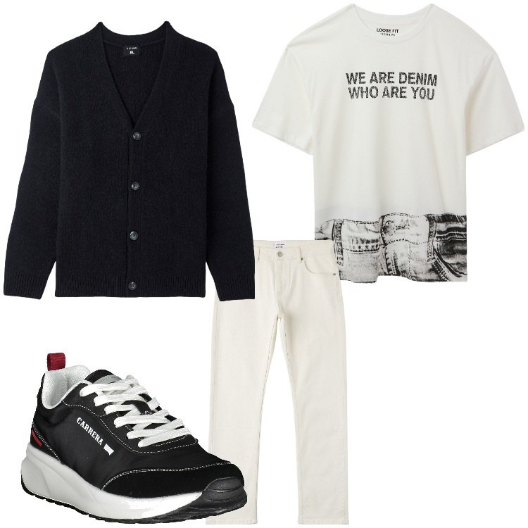 Outfit uomo - Who are you?. Stile Casual per Tutti i giorni. Abbinamento con t-shirt, jeans, cardigans, sneakers.