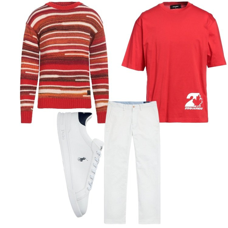 Outfit uomo - Bianco, rosso e righe. Stile Casual per Tutti i giorni. Abbinamento con pullovers, t-shirt, pantaloni, sneakers.