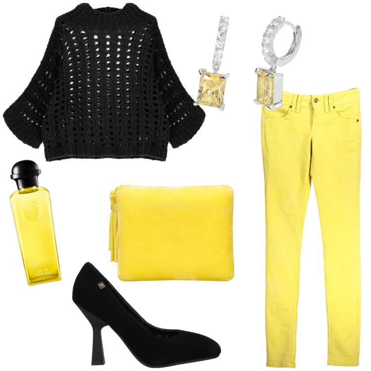 Outfit donna - Serata gialla e nera. Stile Glamour per Serata fuori. Abbinamento con décolleté, profumi, orecchini, pullovers, pochette, jeans.