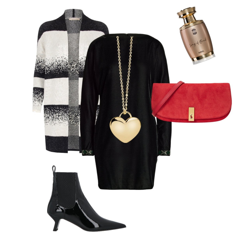 Outfit donna - Sabato sera. Stile Bon Ton per Serata fuori. Abbinamento con stivaletti, profumi, collane, cardigans, vestiti, clutch.