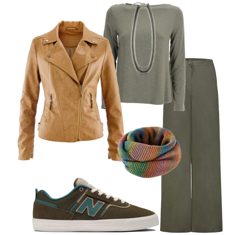 Outfit donna - In città. Stile Basic per Tutti i giorni. Abbinamento con foulard, blazer, sneakers, pantaloni, maglieria, collane.