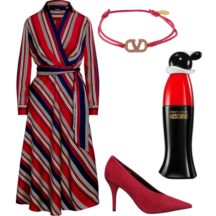 Outfit donna - Chemisier. Stile Chic per Serata fuori. Abbinamento con décolleté, profumi, vestiti, braccialetti.