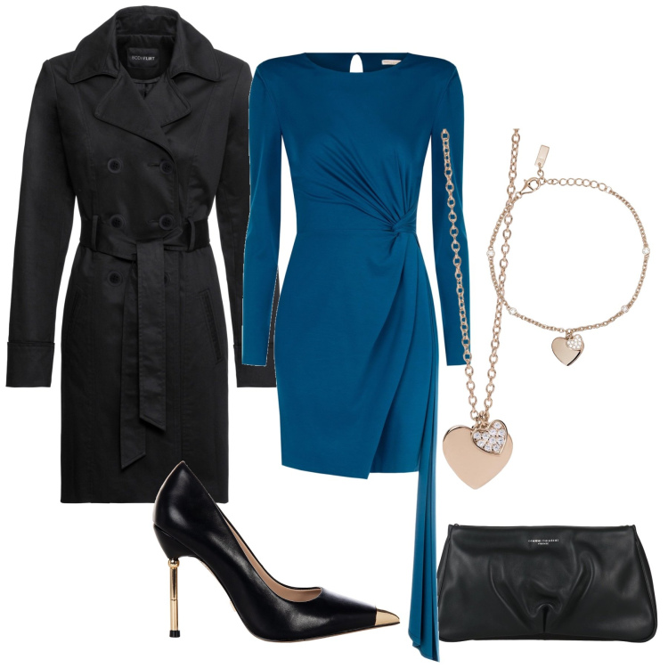 Outfit donna - Elegante blu e nero. Stile Chic per Serata fuori. Abbinamento con trench, borse a mano, ciondoli, braccialetti con ciondoli, vestiti a tubino, décolleté.