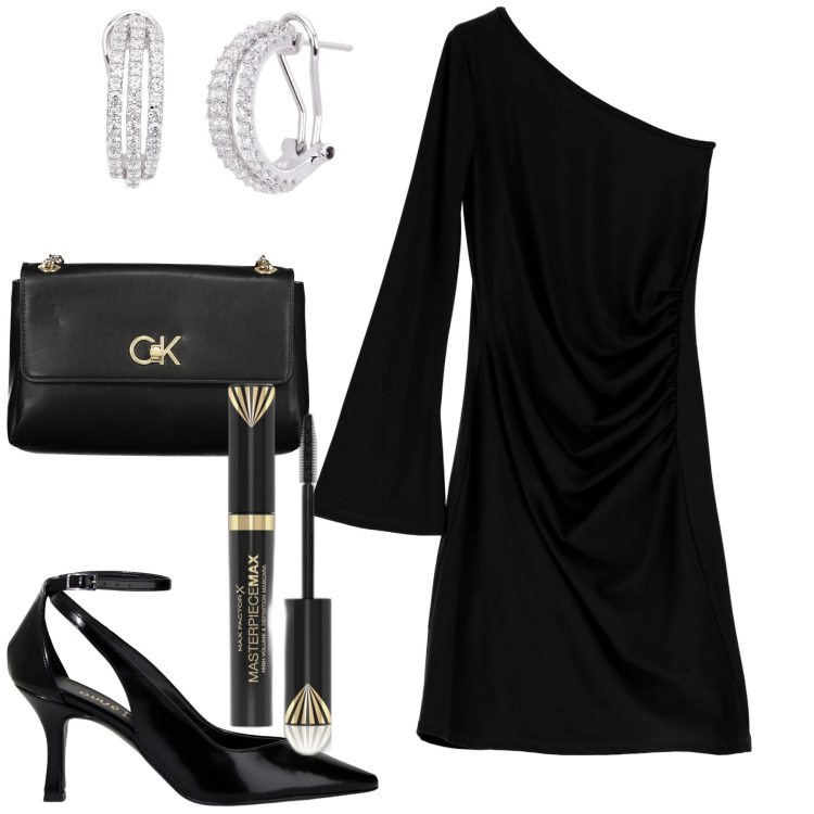 Outfit donna - Serata. Stile Minimal per Serata fuori. Abbinamento con mascara, orecchini, vestiti asimmetrici, décolleté, borse a spalla.