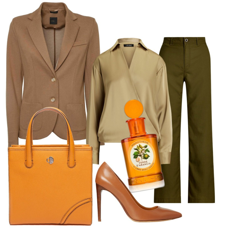 Outfit donna - I toni caldi dell\'autunno. Stile Bon Ton per Tutti i giorni. Abbinamento con profumi, pantaloni, décolleté, camicie, shopping bag, blazer.