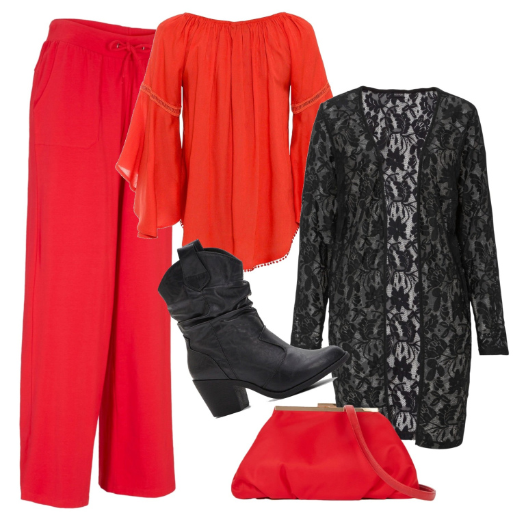 Outfit donna - Rosso Halloween. Stile Glamour per Serata fuori. Abbinamento con stivaletti texani, blazer, pantaloni, bluse, pochette.