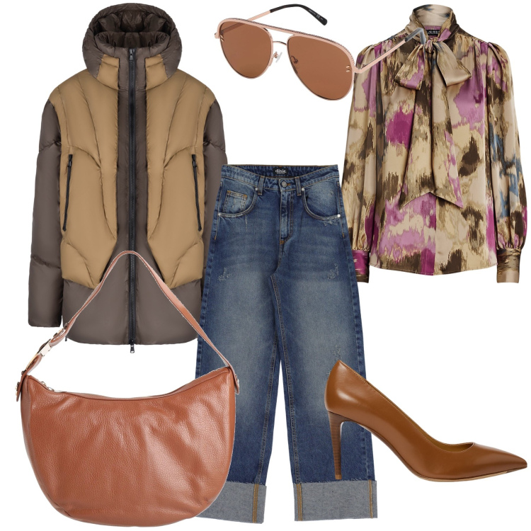 Outfit donna - Camicetta con fiocco. Stile Urban per Tutti i giorni. Abbinamento con occhiali da sole, borse a mano, jeans, décolleté, camicie, piumini.