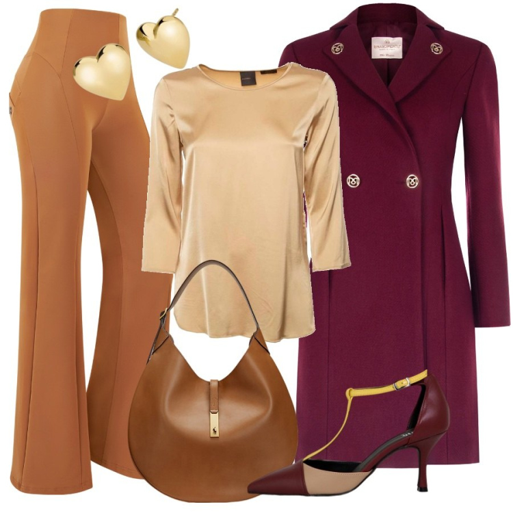 Outfit donna - Romantica d\'autunno. Stile Romantica per Tutti i giorni. Abbinamento con orecchini, cappotti, pantaloni, borse a spalla, décolleté, bluse.