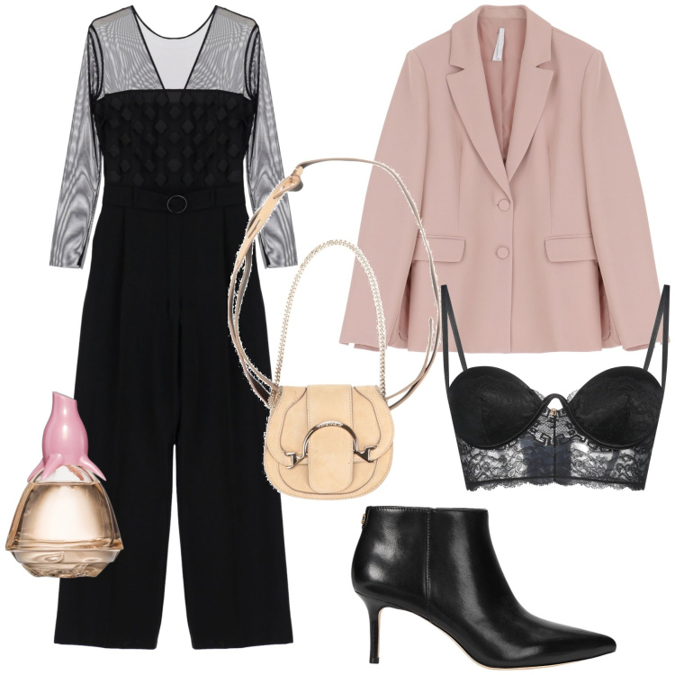 Outfit donna - Tuta sexy. Stile Glamour per Serata fuori. Abbinamento con reggiseni a balconcino, marsupi, profumi, tute, blazer, stivaletti.