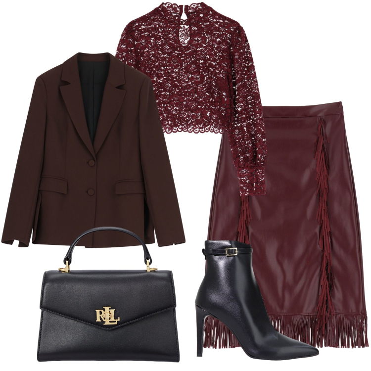 Outfit donna - Bordeaux e nero. Stile Casual chic per Serata fuori. Abbinamento con camicie, gonne longuette, stivaletti, blazer, borse a mano.