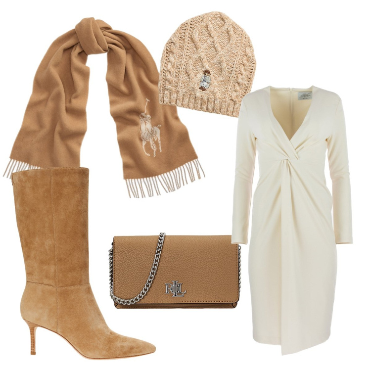 Outfit donna - Accessori Ralph Lauren. Stile Glamour per Serata fuori. Abbinamento con berretti, borse a mano, sciarpe, stivali, vestiti midi/longuette.
