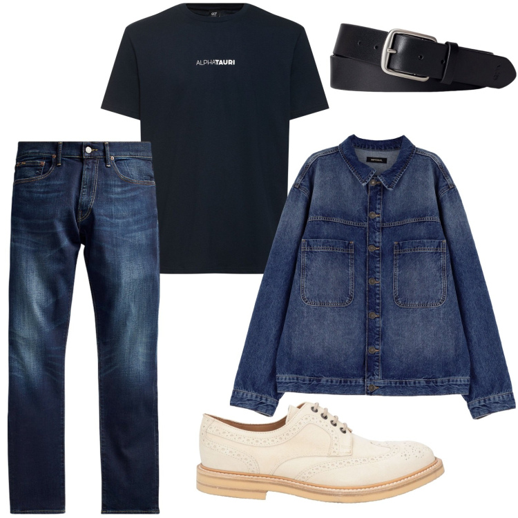 Outfit uomo - Denim intenso. Stile Urban per Tutti i giorni. Abbinamento con scarpe stringate, giacche, jeans, cinture, t-shirt.