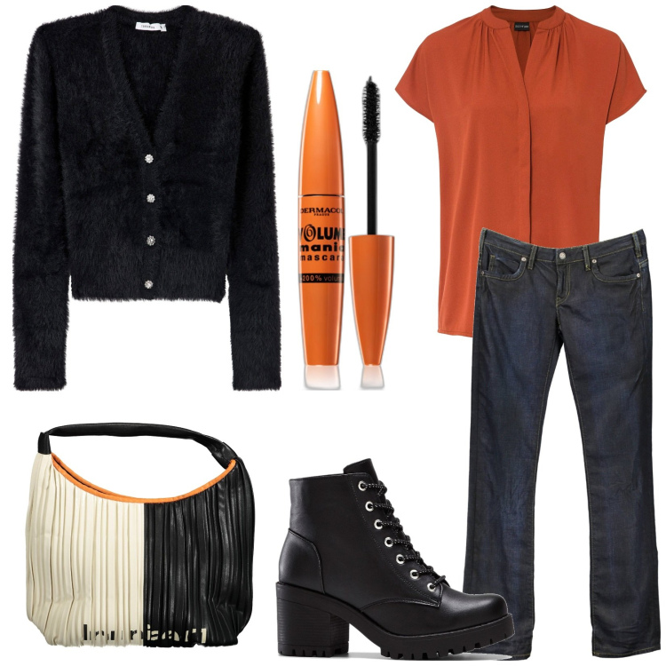 Outfit donna - Total look #1988208. Stile Trendy per Tutti i giorni. Abbinamento con stivaletti, bluse, mascara, cardigans, jeans, borse a spalla.