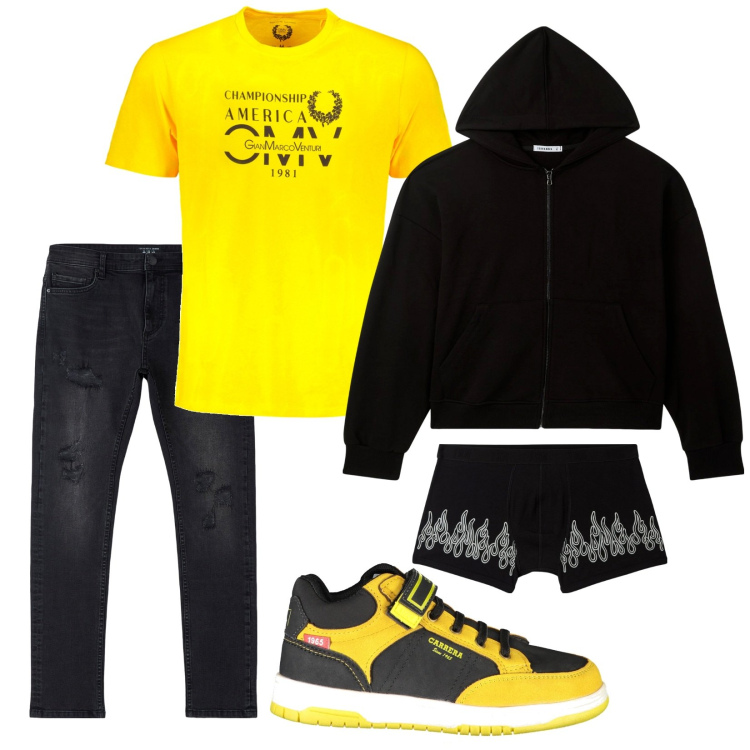 Outfit uomo - Total look #1988209. Stile Urban per Tutti i giorni. Abbinamento con jeans strappati, boxer, felpe con cappuccio, sneakers, t-shirt.