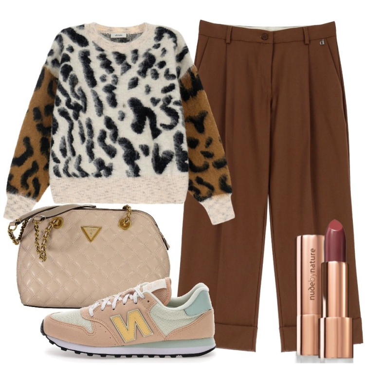 Outfit donna - Trendy in sneakers. Stile Glamour per Tutti i giorni. Abbinamento con rossetti, pullovers, pantaloni chino, sneakers, borse a spalla.