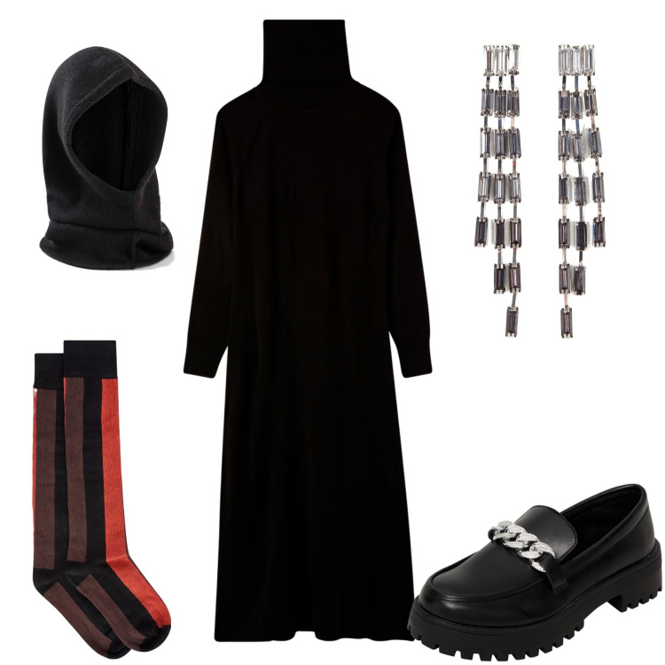 Outfit donna - Incappucciata. Stile Glamour per Serata fuori. Abbinamento con cappelli e berretti, orecchini, mocassini, vestiti lunghi, collant.