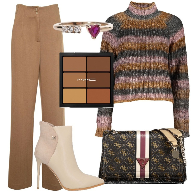 Outfit donna - Il mio maglione preferito. Stile Sporty chic per Serata fuori. Abbinamento con stivaletti, correttori, anelli, jeans a zampa, maglieria, borse a spalla.