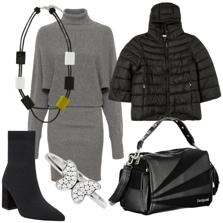 Outfit donna - Tempo Libero e Lavoro. Stile Preppy per Tutti i giorni. Abbinamento con vestiti, blazer, stivaletti, anelli, collane, borse a spalla.