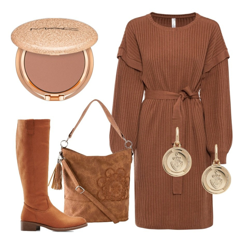 Outfit donna - Autunno in ufficio. Stile Sporty chic per Ufficio. Abbinamento con borse a mano, stivali, vestiti, terre, orecchini.