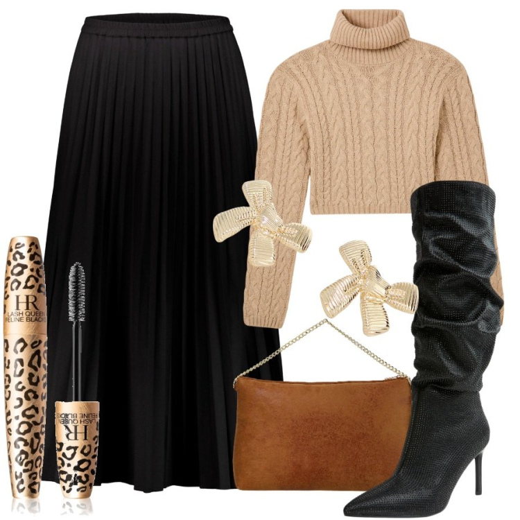 Outfit donna - Tacco alto. Stile Glamour per Serata fuori. Abbinamento con mascara, stivali, maglieria, pochette, orecchini, gonne lunghe.