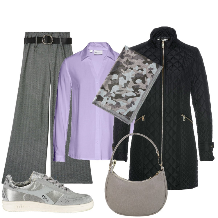Outfit donna - In città. Stile Minimal per Tutti i giorni. Abbinamento con blazer, camicie, pantaloni, borse a spalla, sneakers, sciarpe.